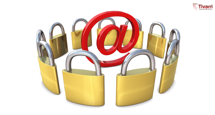 Phishing: Padlocks on a white background with the email @ in the middle